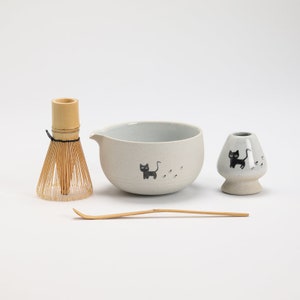 Hand-painted Black Cat Ceramic Matcha Bowl with Bamboo Whisk and Chasen Holder