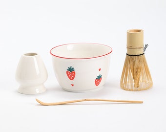 Erdbeere Porzellan Matcha Schüssel mit Bambus Schneebesen und Chasen Halter Japanse Teezeremonie Set