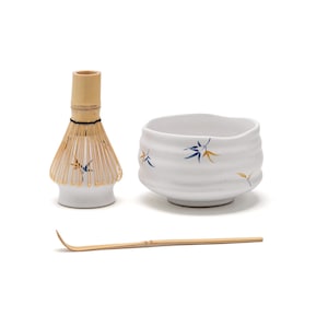 Hand-painted Bamboo White Ceramic Matcha Bowl Set with Bamboo Whisk and Chasen Holder Japanese Matcha Ceremonial Set 500ml