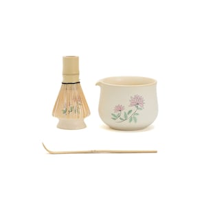 Hand-painted Chrysanthemum Ceramic Matcha Bowl with Spout Bamboo Whisk and Chasen Holder Japanese Tea Ceremony Set