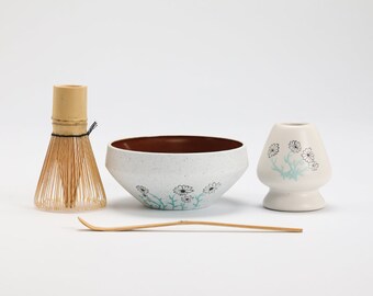 Hand-painted Flower Ceramic Chawan with Bamboo Whisk and Chasen Holder