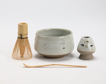 Hand-painted Ghost Matcha Bowl with Bamboo Whisk and Chasen Holder 500ml