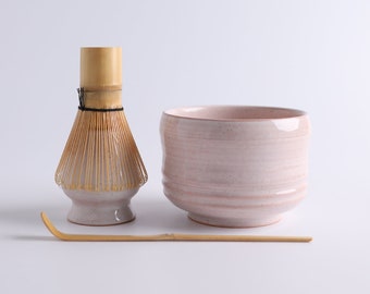 White Ceramic Matcha Bowl with Bamboo Whisk and Chasen Holder Matcha Tea Ceremony Making Kits