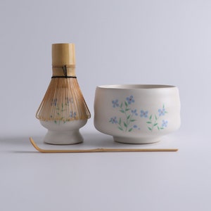 Handpainted Flower White Ceramic Matcha Set with Bamboo Whisk and Chasen Holder Matcha Tea Ceremony Set