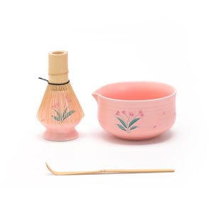 Hand-painted Flower Ceramic Matcha Bowl with Spout Bamboo Whisk and Chasen Holder Pink Traditional Japanese Matcha Gift Set