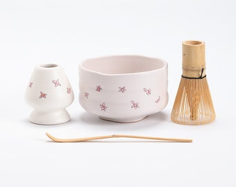 4pcs/ Set Hand-painted Peach Blossom Ceramic Chawan with Bamboo Whisk and Chasen Holder Tea Ceremony Set