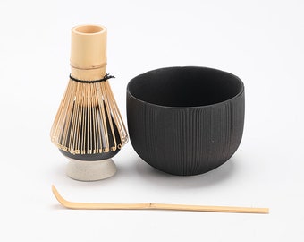 Black Ceramic Matcha Bowl with Bamboo Whisk and Chosen Holder Tea Ceremony Set