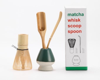Matcha Tea Set Accessories Ceramic Holder with Bamboo Whisk and Chasen Holders