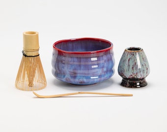 Colorful Ceramic Matcha Bowl with Bamboo Whisk and Chasen Holder Matcha Tea Ceremony Set