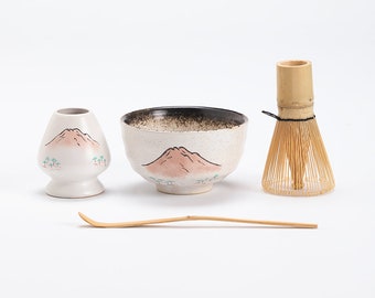 Hand-painted Mountain Ceramic Chawan with Bamboo Whisk and Chasen Holder Matcha Tea Ceremony Set