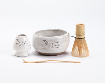 Handbemalte süße Katze Keramik Matcha Schale mit Bambus Schneebesen und Chasen Halter Matcha Tee Kits