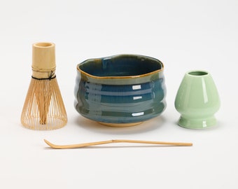 Unique Glazed Ceramic Matcha Bowl with Bamboo Whisk and Chasen Holder Matcha Tea Making Kits