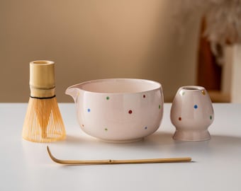 Polka Dot Ceramic Matcha Bowl Set Japanese Matcha Kit 450ml