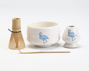 Hand-painted Flamingo Ceramic Matcha Bowl with Bamboo Whisk and Chasen Holder Matcha Tea Ceremony Set