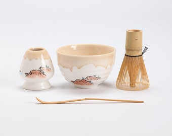 Hand-painted Ceramic Matcha Bowl with Bamboo Whisk and Chasen Holder Matcha Tea Kits