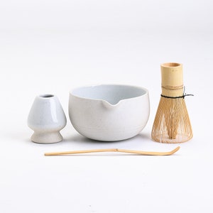 Ceramic Chawan Bowl with Spout Matcha Whisk and Chasen Holder Tea Ceremony Set Style A