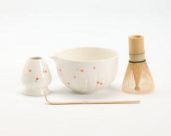Hand-painted Cherry Ceramic Matcha Bowl with Spout Bamboo Whisk and Chasen Holder Matcha Tea Ceremony Set