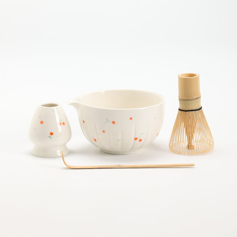 Hand-painted Cherry Ceramic Matcha Bowl with Spout Bamboo Whisk and Chasen Holder Matcha Tea Ceremony Set image 1