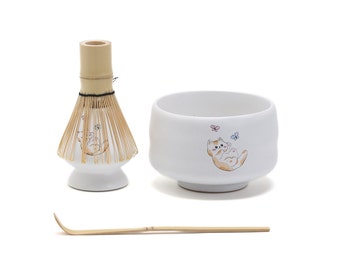 Set da tè Matcha in ceramica bianca a forma di gatto dipinto a mano con frusta per Matcha e porta Chasen, set da tè Matcha giapponese
