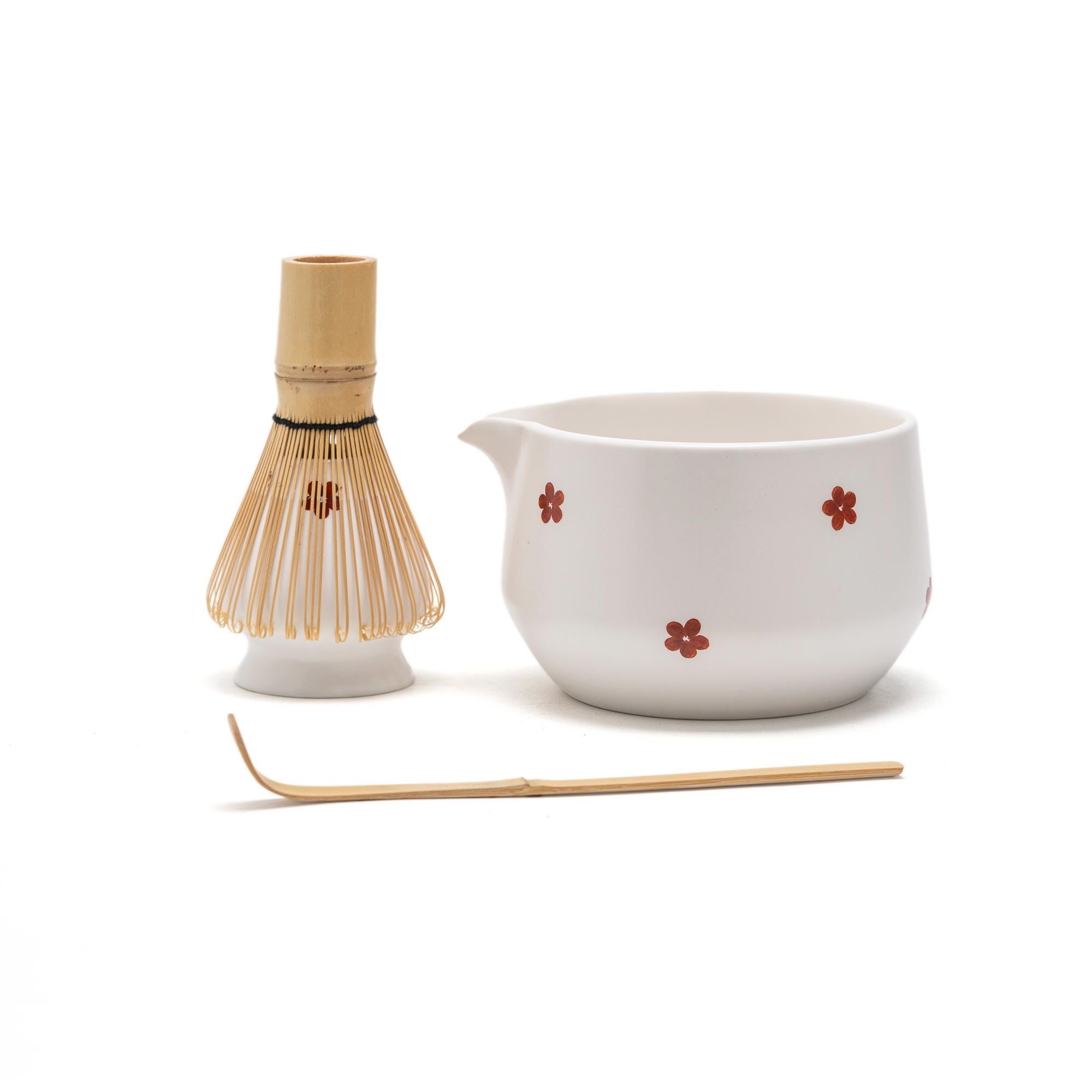Hand-painted Flower Ceramic Matcha Bowl Set with Bamboo Whisk and Chasen Holder Matcha Tea Ceremony Set 550ml