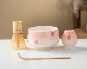Hand-painted Sakura Pink Ceramic Matcha Bowl Set 480ml