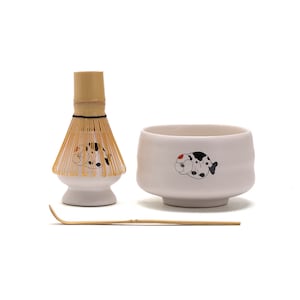 Hand-painted Fish White Ceramic Matcha Bowl Set with Bamboo Whisk and Chasen Holder Japanese Matcha Tea Ceremony Set