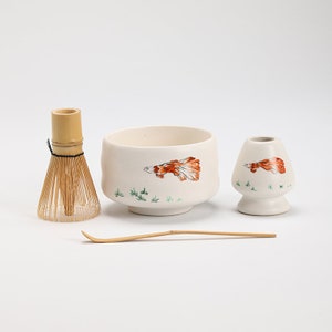 Hand-painted Fish Ceramic Chawan with Bamboo Whisk and Chasen Holder Tea Ceremony Matcha Tea Set