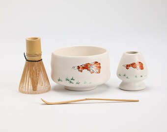 Hand-painted Fish Ceramic Chawan with Bamboo Whisk and Chasen Holder Tea Ceremony Matcha Tea Set