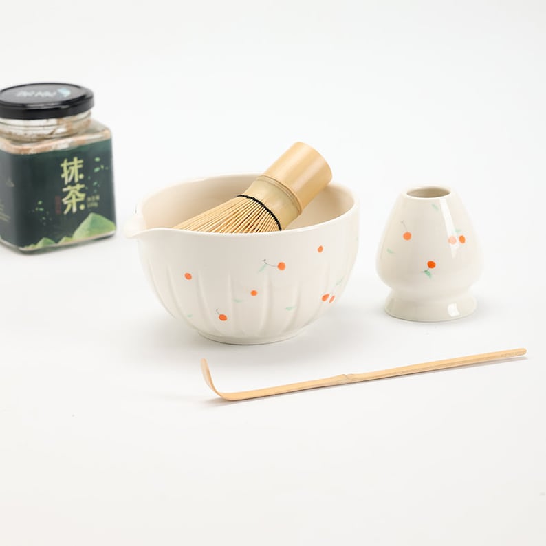Hand-painted Cherry Ceramic Matcha Bowl with Spout Bamboo Whisk and Chasen Holder Matcha Tea Ceremony Set image 6