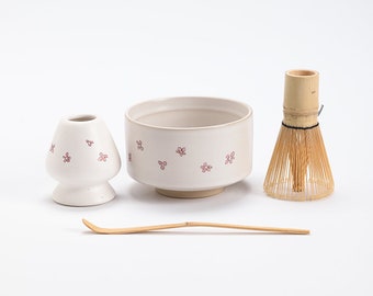 Hand-painted Peach Blossom Ceramic Matcha Bowl with Bamboo Whisk and Chasen Holder