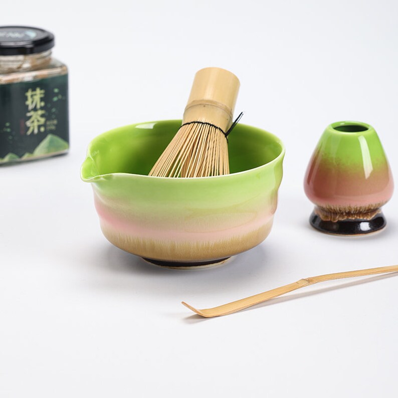 Ceramic Chawan with Spout Bamboo Whisk and Chasen Holder Tea Ceremony Set image 2