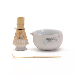Hand-painted Fish Ceramic Matcha Bowl with Spout Bamboo Whisk and Chasen Holder Traditional Matcha Tea Ceremony Set