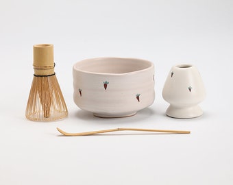 Hand-painted Carrot Ceramic Chawan with Bamboo Whisk and Chasen Holder