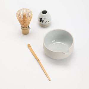 Hand-painted Black Cat Ceramic Matcha Bowl with Bamboo Whisk and Chasen Holder image 7