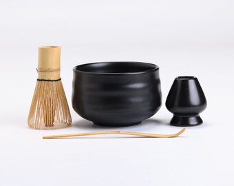 Black Crockery Ceramic Matcha Bowl with Bamboo Whisk and Chasen Holder 520ml