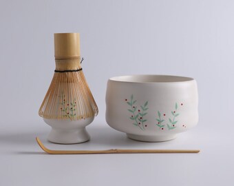 Handpainted Tree White Matcha Kits with Bamboo Whisk and Chasen Holder Matcha Tea Ceremony Set