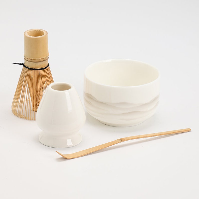 Frosted Mountain Ceramic Chawan with Bamboo Whisk and Chasen Holder Tea Ceremony Set image 3