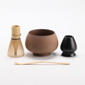 Coarse Pottery Matcha Bowl with Bamboo Whisk and Holders Bamboo Matcha Whisk Scoop Tea Making Kit