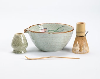 Green Ceramic Matcha Bowl with Spout Matcha Tea Kits Tea Ceremony Set