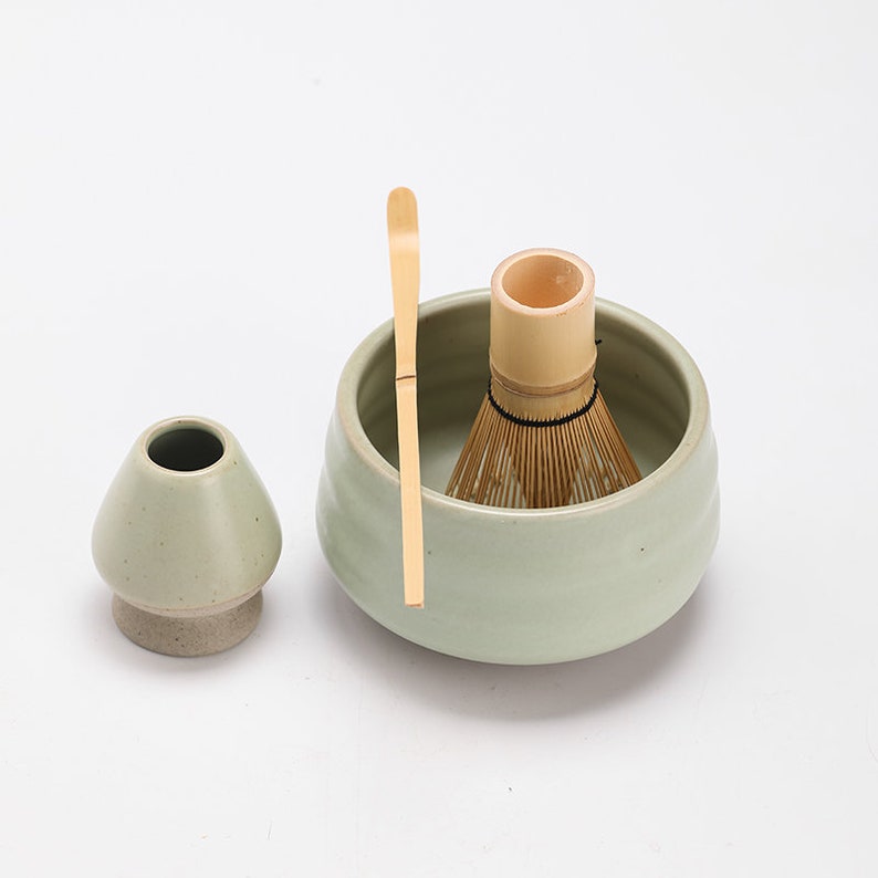 Round Ceramic Matcha Bowl with Bamboo Whisk and Holders Tea Ceremony Matcha Set image 2