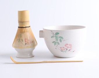 Hand-painted Morning Glory Ceramic Matcha Bowl with Spout Matcha Tea Ceremony Set Matcha Whisk Set