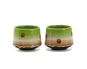 Hand-painted Strawberry Ceramic Matcha Cup Set of 2 Cups Green Ceramic Tea Cup for Matcha 240ml