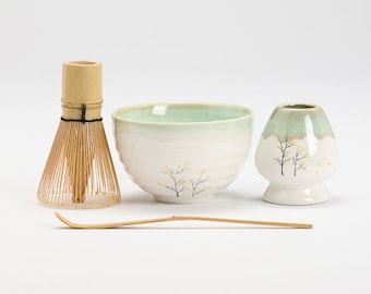 Hand-painted Tree Green Matcha Bowl with Bamboo Whisk and Chasen Holder Tea Ceremony Set