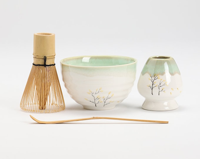 Hand-painted Tree Green Matcha Bowl with Bamboo Whisk and Chasen Holder Tea Ceremony Set