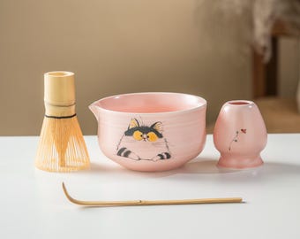 【美品】ウサギの茶碗と茶筅のセット 茶道具 手描きのピンクのかわいいウサギの陶器製抹茶碗、竹製の茶筅と茶筅