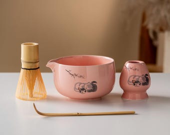 Söta Dubbelkatter Keramiska Matcha Skålset Rosa Japansk Matcha Kit 450ml