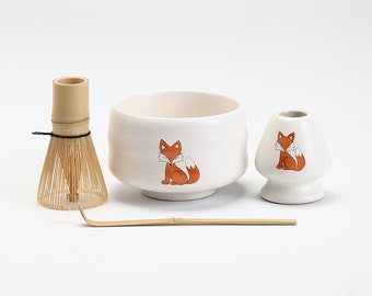 Bol à matcha en céramique renard peint à la main avec fouet en bambou et porte-chenets Set de cérémonie du thé matcha