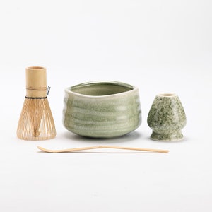 Sea Wave Ceramic Matcha Bowl with Bamboo Whisk and Chasen Holders image 1
