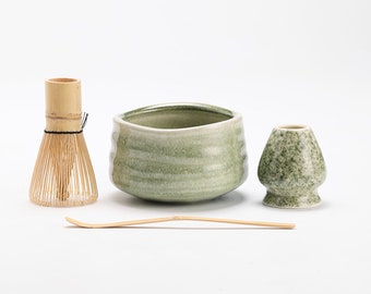 Sea Wave Ceramic Matcha Bowl with Bamboo Whisk and Chasen Holders