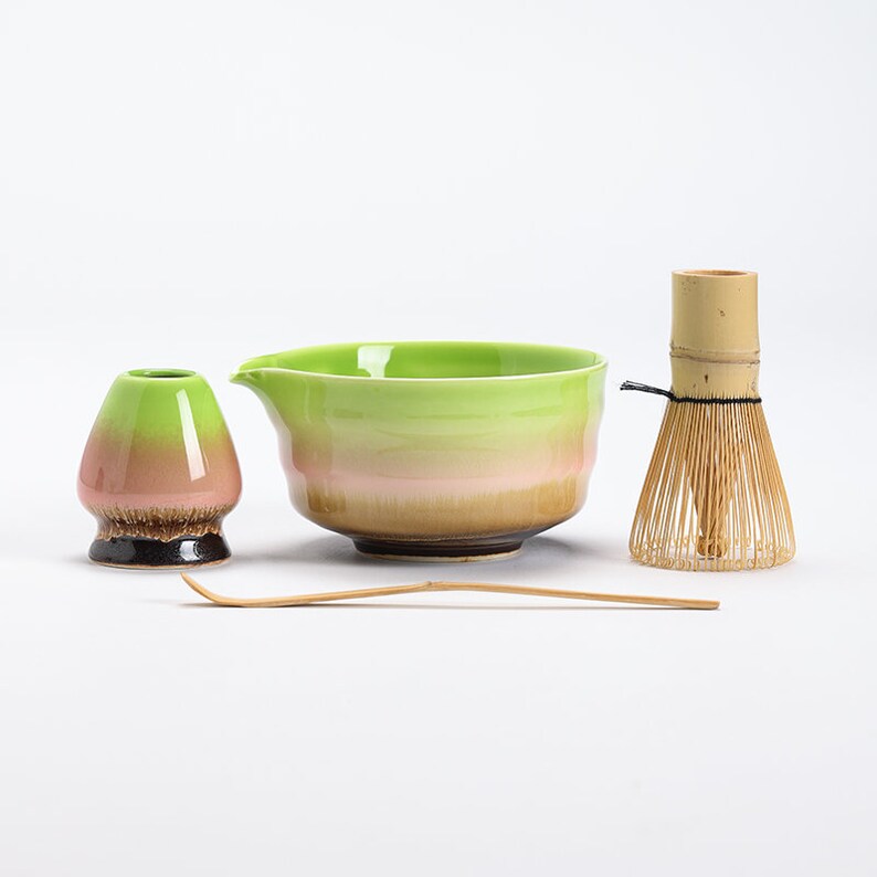 Ceramic Chawan with Spout Bamboo Whisk and Chasen Holder Tea Ceremony Set A